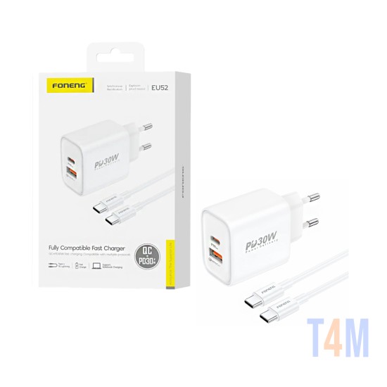 Foneng Charger EU52 2 Ports USB+Tipo-C PD 30W with Type-C to Type-C Cable White